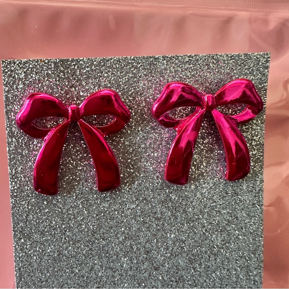 Metallic Pink Bow metal earrings with large comfortable backings True to Form